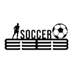 Black steel wall medal holder featuring the word 'SOCCER' with a silhouette of a player on the left and a soccer ball on the right. Includes multiple hooks for hanging medals.